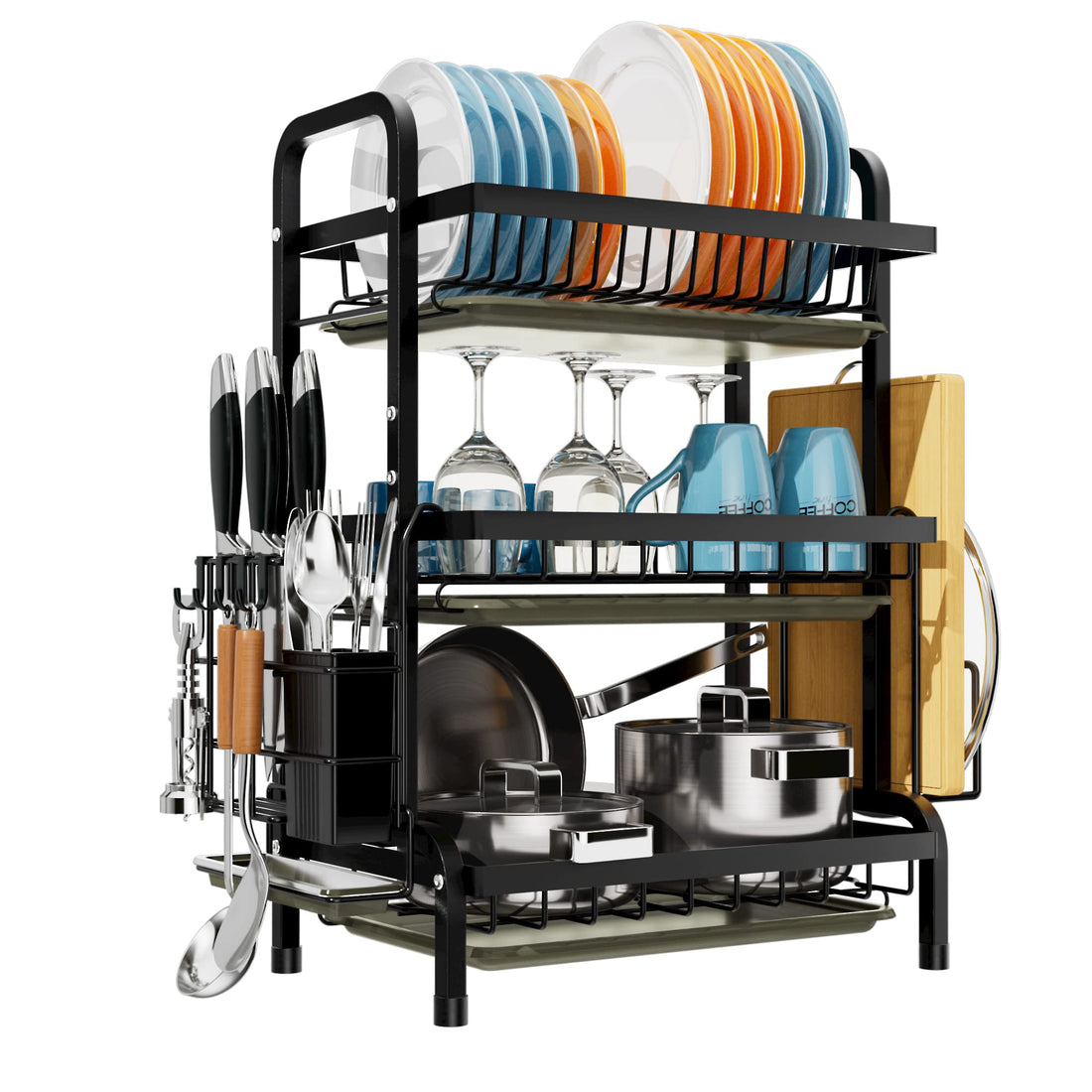 niffgaff 3-Tier Dish Drying Rack, Stainless Steel Dish Drainer Rack with Utensil Holder, Cultery Holder,Cutting Board Holder