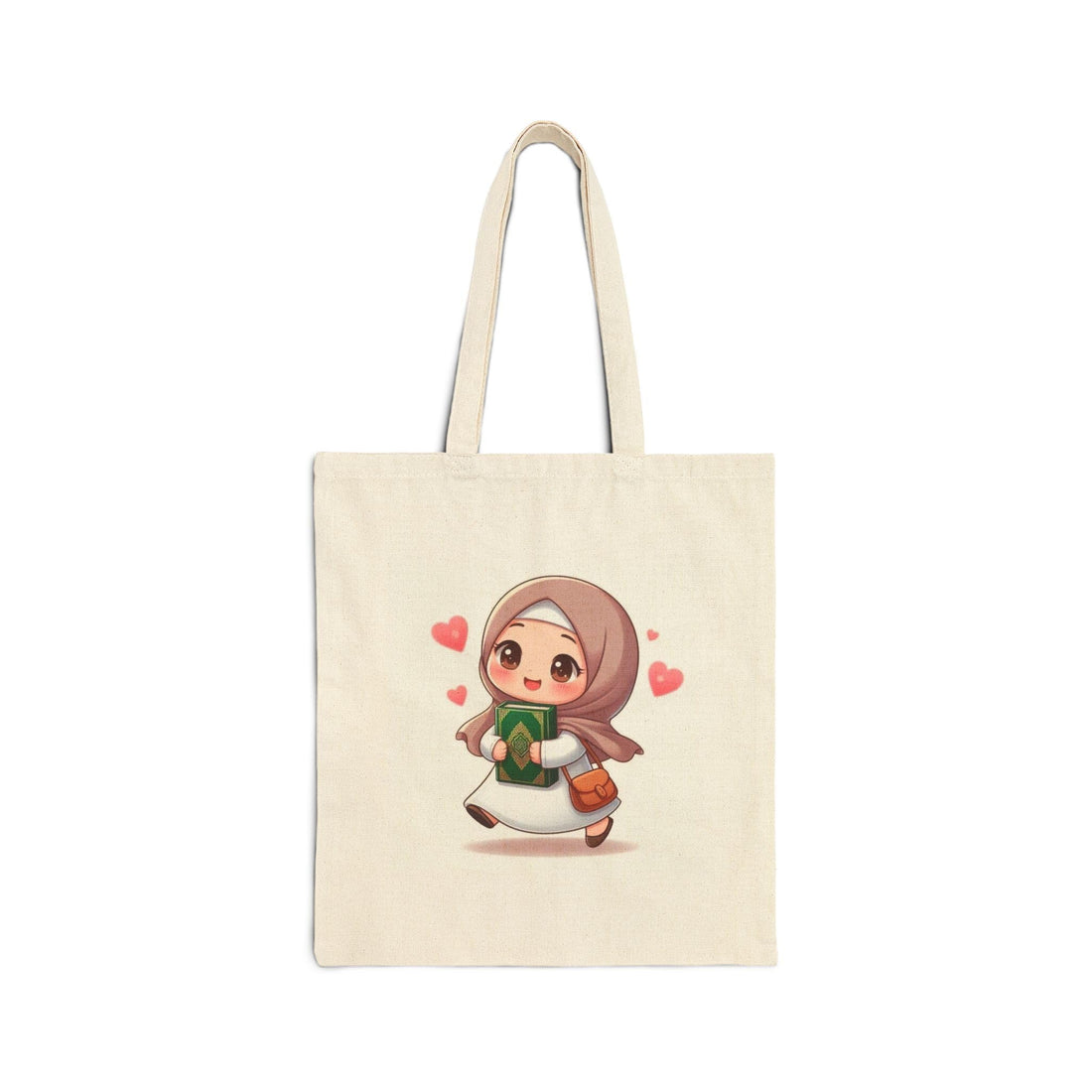 Tote Bag - Canvas Zipper Bag Cartoon Little Girl Holding Quran with Smile - Educational Cotton Shoulder Bag for Ramadan and Eid Gifts, Cream White Durable and Fashionable.