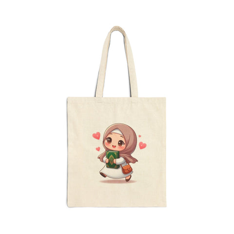 Tote Bag - Canvas Zipper Bag Cartoon Little Girl Holding Quran with Smile - Educational Cotton Shoulder Bag for Ramadan and Eid Gifts, Cream White Durable and Fashionable.