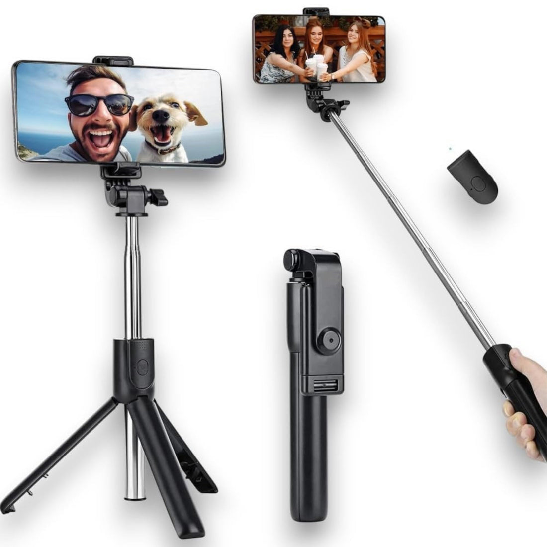 3-in-1 Selfie Stick Tripod with Detachable Wireless Remote, Extendable & Portable Mini Selfie Stick with 360° Rotation, Compatible with iPhone and Android Smartphones, Black (R 1)
