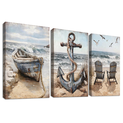 Set of 3 Wooden Framed Coastal Beach Canvas Wall Art Sailboat and Anchor Nautical Painting on Canvas Prints Vintage Ocean Beachy Pictures for Living Room Bedroom Hallway Wall Decor 30x40cm x3pcs
