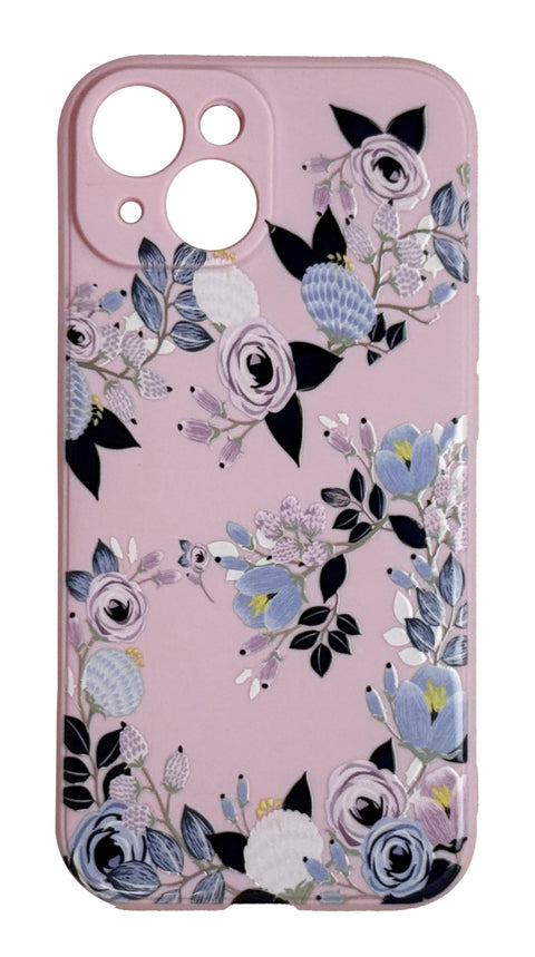 Mobile Magic Silicon Soft Case Microfiber Lining with 3D Flowers Prints For Apple iPhone 15 6.1 Inch (Pink Flowers)