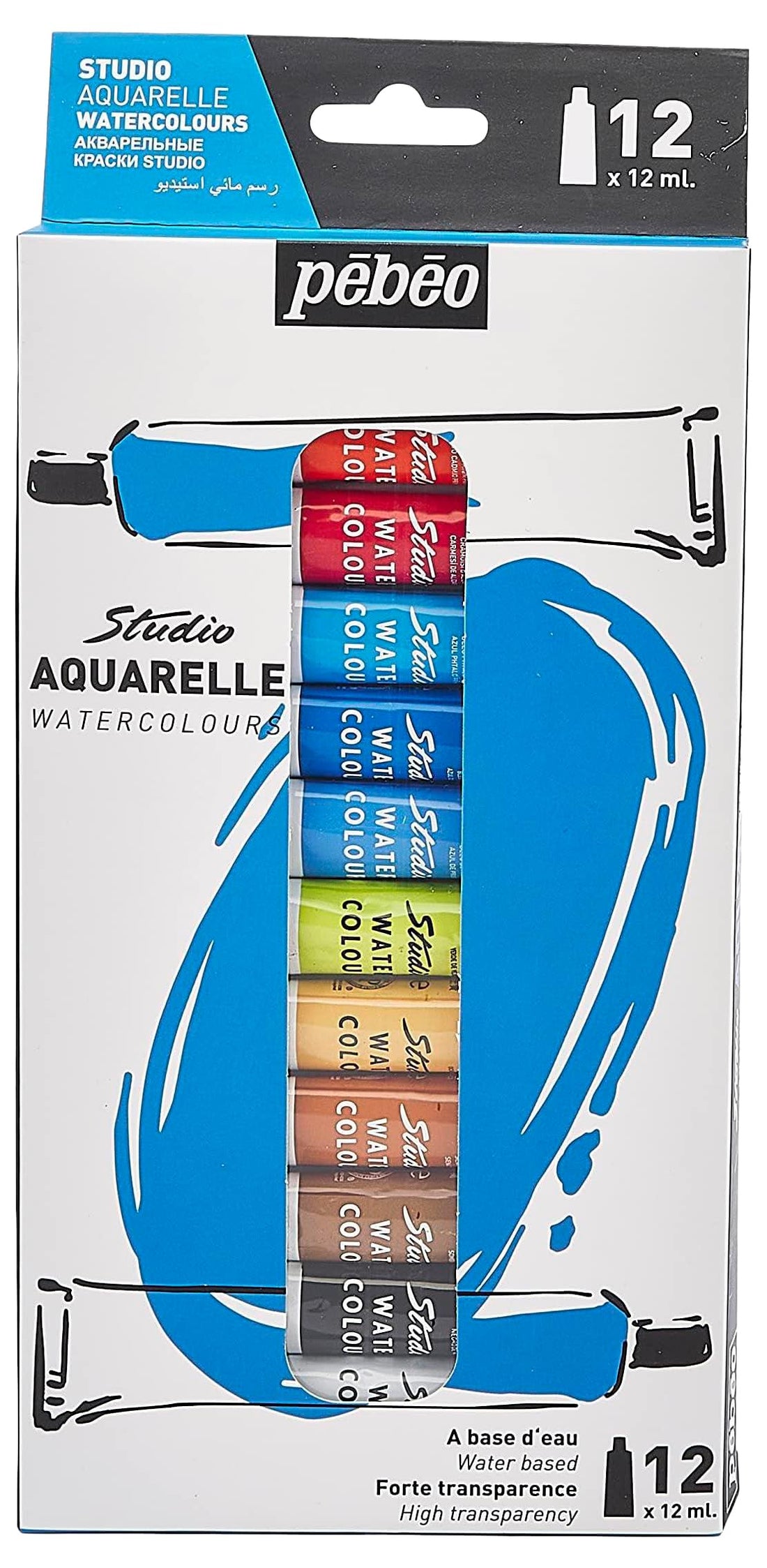 Pebeo Studio Watercolor Set for Professional Artists and Hobby Painters - 12 Colors, 12 ml