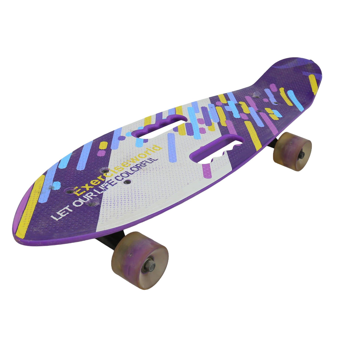 Skateboard with Purple and White Colorful Graphic Design, Wooden Skate Board with Dual Handle Cutouts and Smooth Wheels for Kids, Teens and Outdoor Sports