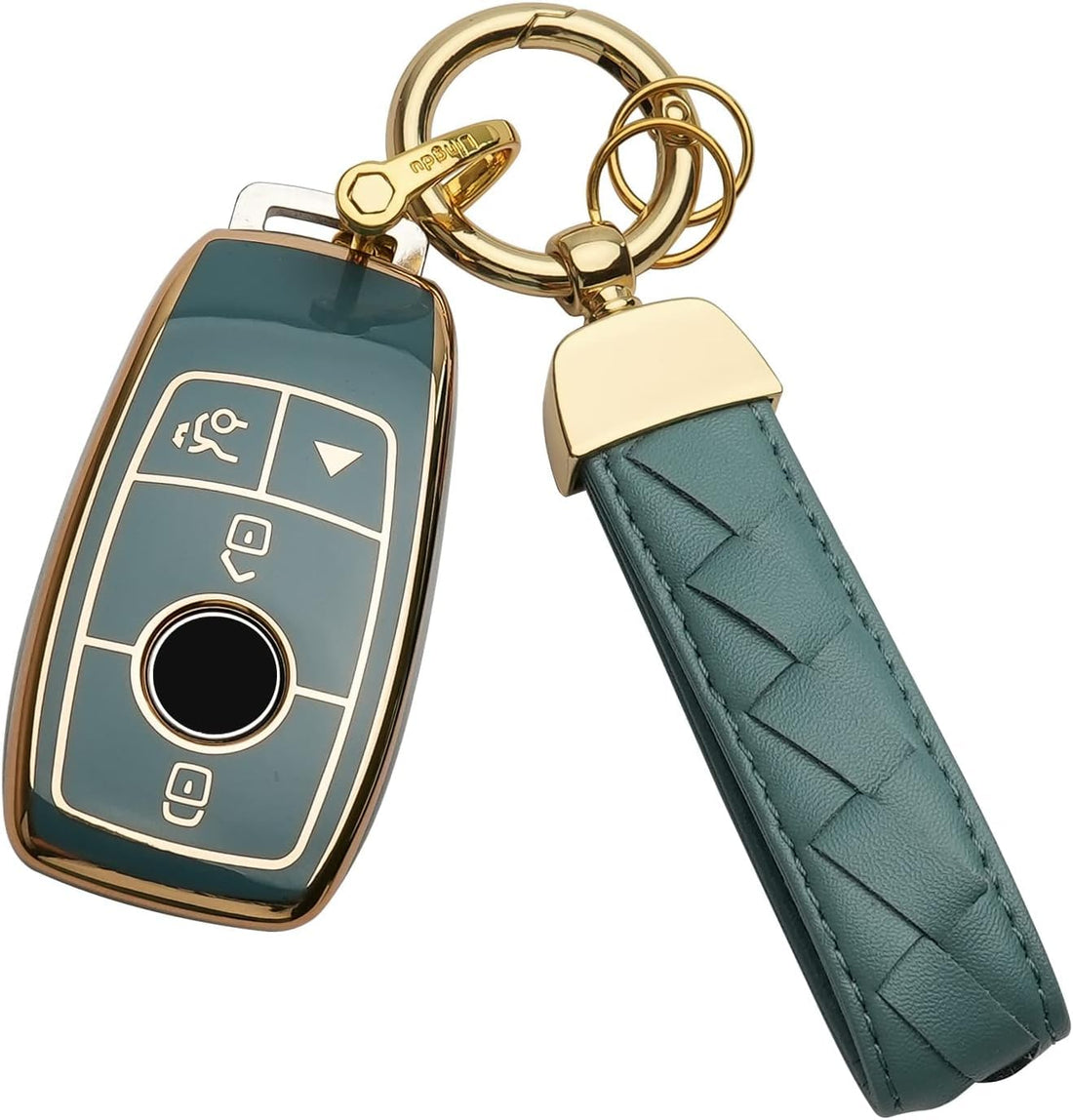 Mercedes Benz Key Fob Cover with Keychain - Soft TPU 360 Degree Protection - Compatible with Mercedes Benz A/C/CLA/CLS/E/G/GLE/S-Class 2019-2025 - Grey with Gold Frame