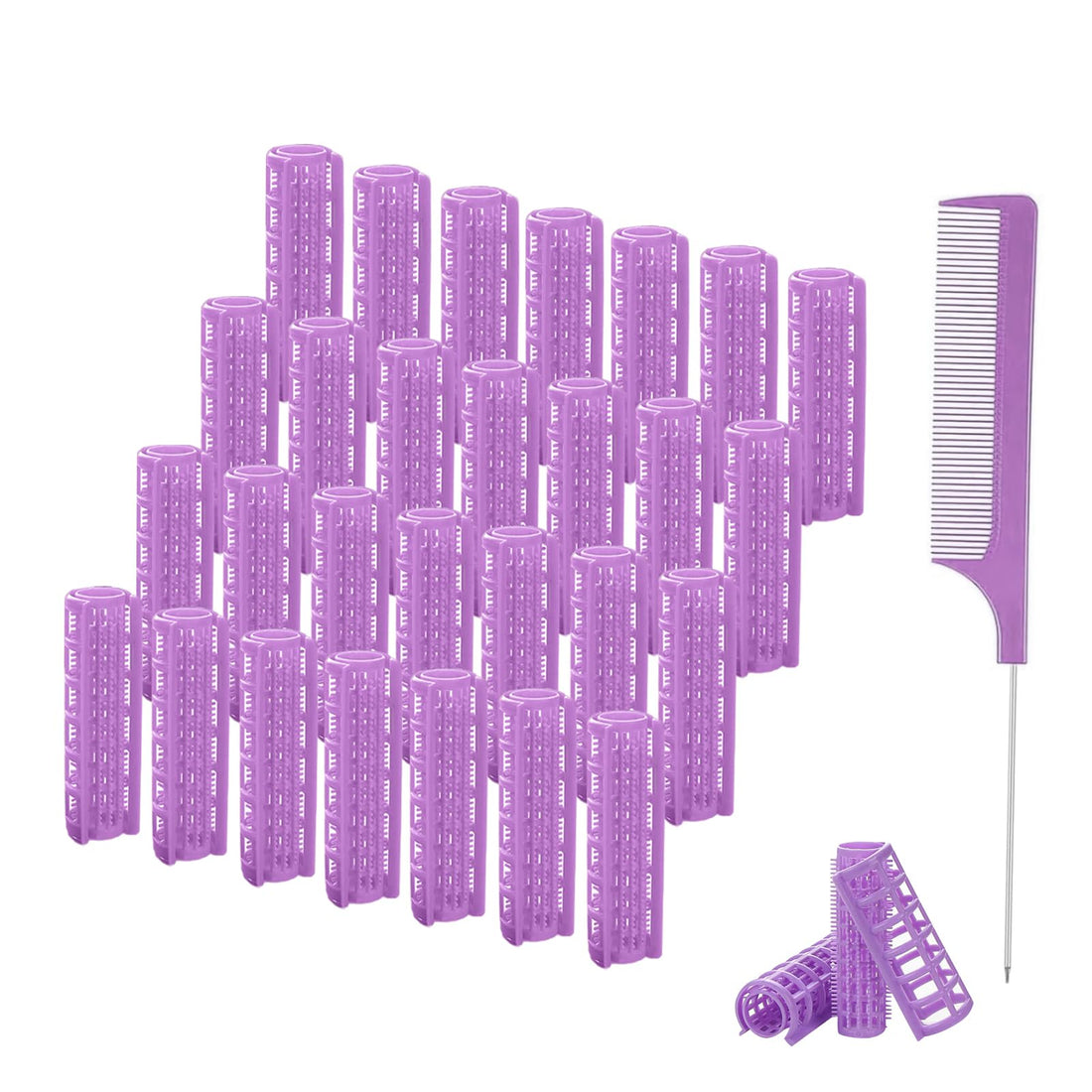 ZMD 28PCS Plastic Hair Curlers Rollers Set, 0.6In/1.5cm Small Size Snap on Rollers Self Grip Hair Curlers Heatless Rollers with Comb Hairdressing Curlers Tools for Short Thin Fine Hair (Purple)
