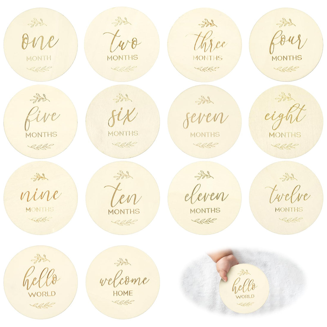 Baby Monthly Milestone Cards - 7 Double-Sided Engraved Wooden Discs for Adorable Milestone Pictures of Your Newborn Boy Girl - Welcome Home & Hello World Sign Are A Great Gift Photo Props