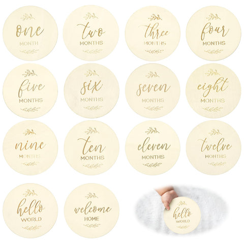 Baby Monthly Milestone Cards - 7 Double-Sided Engraved Wooden Discs for Adorable Milestone Pictures of Your Newborn Boy Girl - Welcome Home & Hello World Sign Are A Great Gift Photo Props