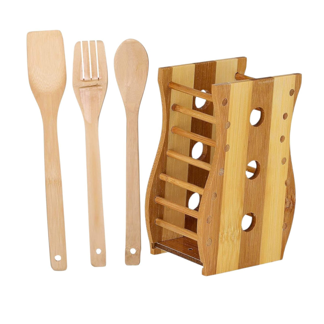 Volora 3 Piece Wooden Kitchen Spoon Set with Stand, Natural Wood Cooking Tools