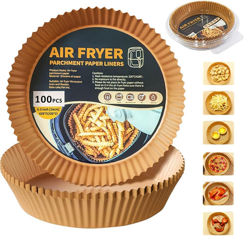 Disposable Air Fryer Paper - Transform your cooking routine with a set of 100 sheets of round parchment liners, designed to fit 5-8L air fryers, ensuring easy cleanup and delicious results in your