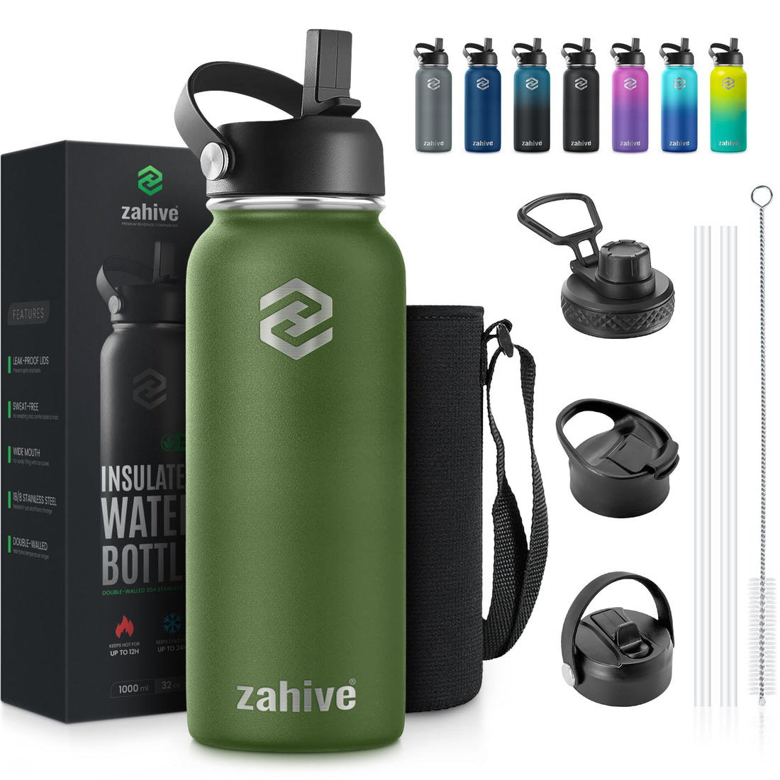 Zahive 1L Stainless Steel Water Bottle with 3 Lids and Carry Bag (Straw/Hot/Cold) - Double Wall Sports Water Bottle - Thermos Flask for Cold and Hot Drinks for Gym, Trip and Travel (Olive Green)