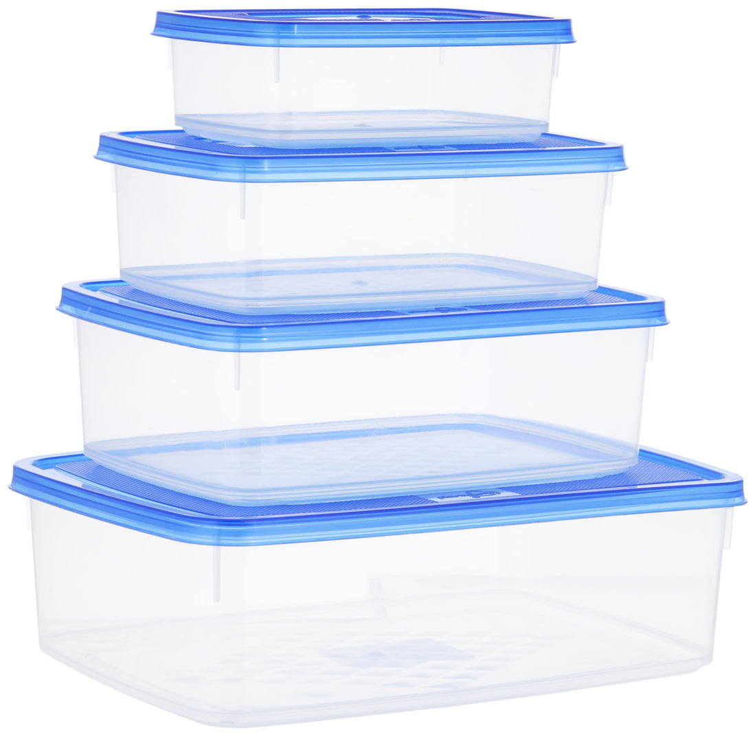 food containers omega set 4 pieces transparent*blue cover/600ml/1.25lt/2lt/3.3lt