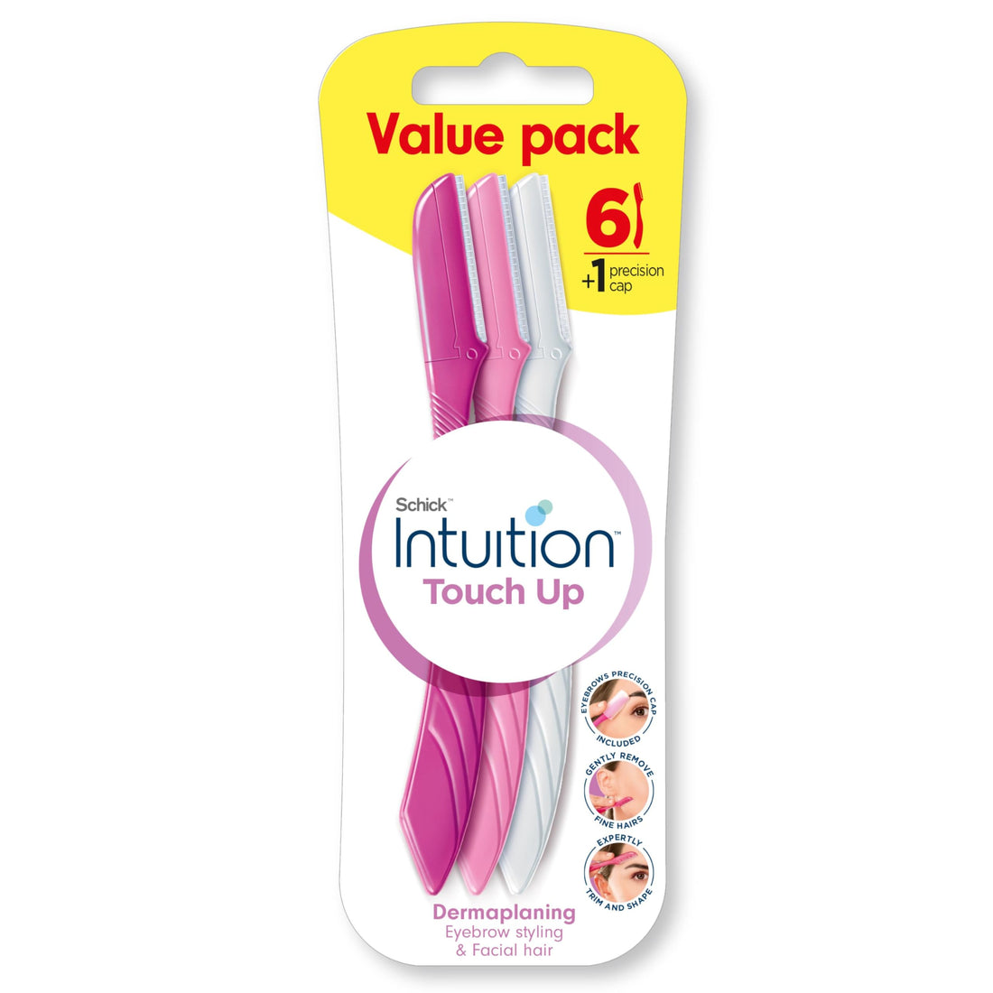 Schick Intuition Touch-Up Multipurpose Exfoliating Face Razor and Eyebrow Shaper with Precision Cover-removes fine hairs on face & Body-Dermaplanning- 6 Value Pack