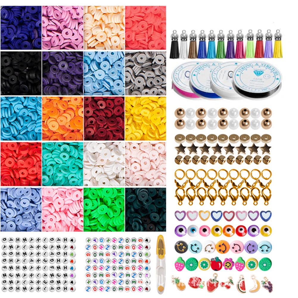 Beauenty 5000 Pcs Clay Beads for Jewelry Making with 250 pcs Letter Beads for Bracelets Making Kit Included 18 Colors 6mm Flat Round Spacer Clay Beads (4562 pc)
