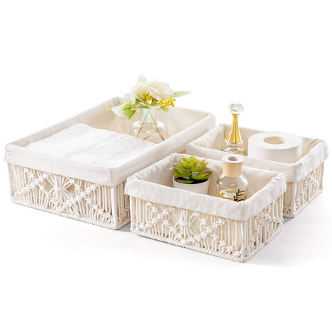 Mkono Macrame Storage Baskets Decor with Removable Cloth Liner Boho Storage Bins Handmade Woven Decorative Countertop Shelf Cabinet Organizer for Bedroom Nursery Living Room, Set of 3