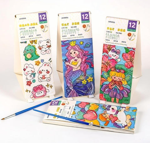 2 Watercolor Kids Coloring Book, 12 Pages, Assorted Cartoon Drawings, Mermaid and Cute Animals, with Brush
