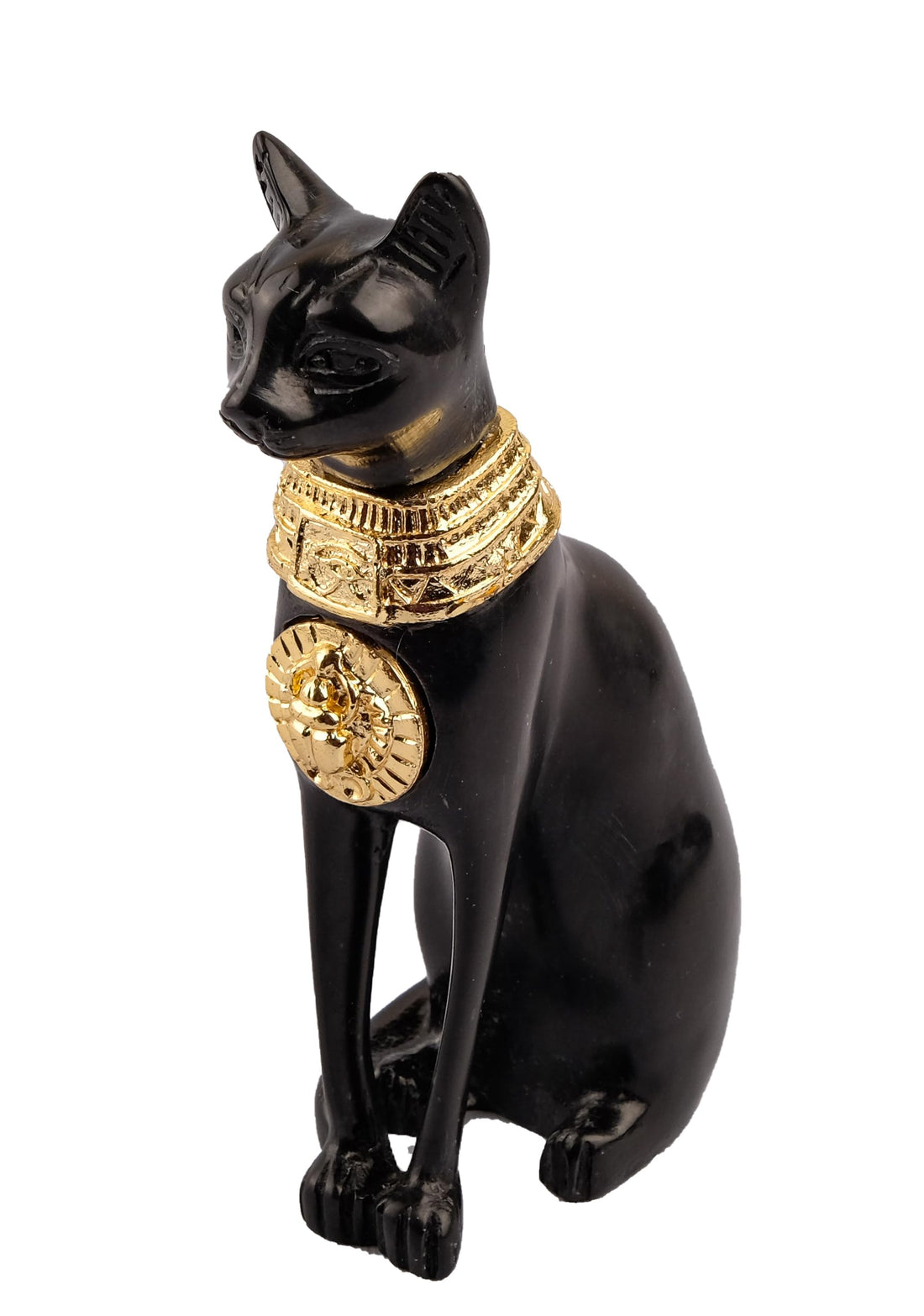 Unique ancient Egyptian statue goddess cat Bastet Black Sculpture with front gold metal scarab,gold metal eye of Horus made in Egypt.