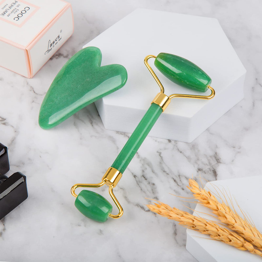 Jade Skin Roller for Face,Gua Sha Facial Massage Tools,Authentic Green Aventurine Jade Stone Roller Facial Sculpting Tool Kit for Puffy Eyes,Neck,Body Muscle and Skin Care