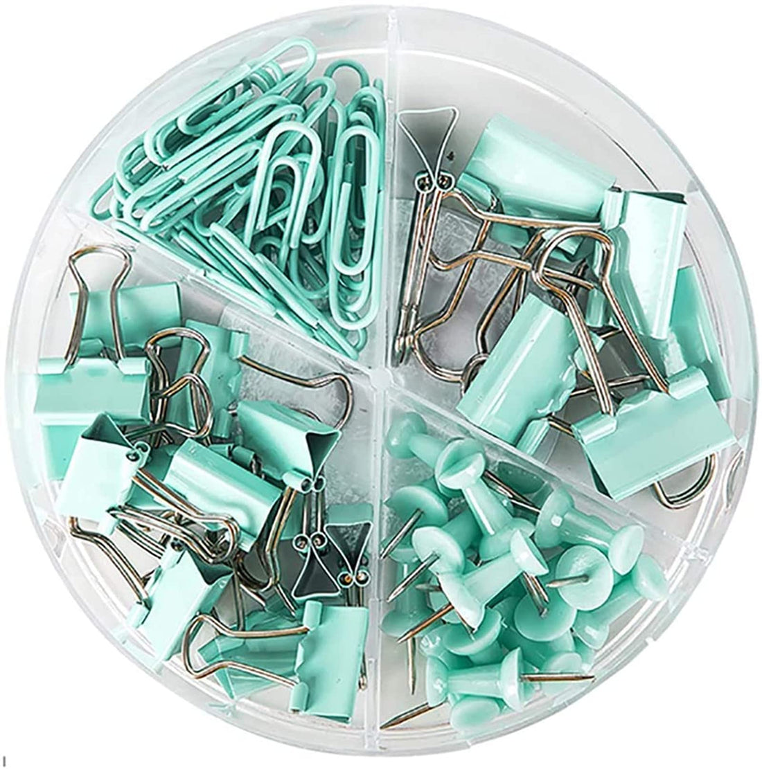 Push Pins Paper Clips Binder Clips Tacks Set 72 Pack,4 Styles Office Supplies Set with Box for Office School Home (Cyan)