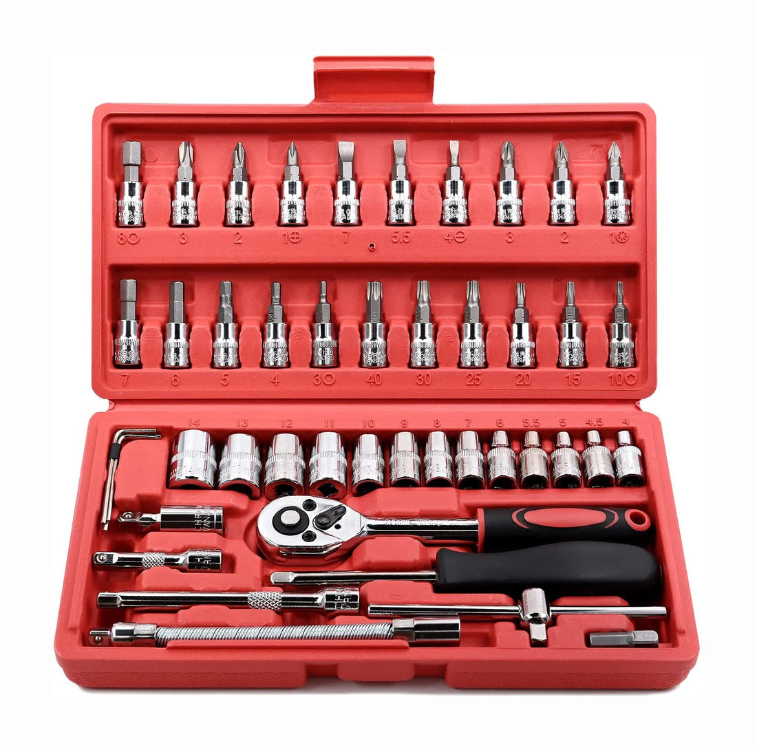 46 Pieces 1/4 Inch Socket Wrench and Bits Metric Set Flexible Extension Rods with Reversible Ratchet Wrench DIY for Engine, Bike, Car