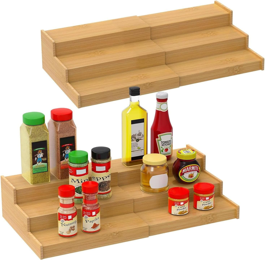 ALMEKAQUZ Spice Rack Kitchen Cabinet Organizer- 3 Tier Bamboo Expandable Display Shelf