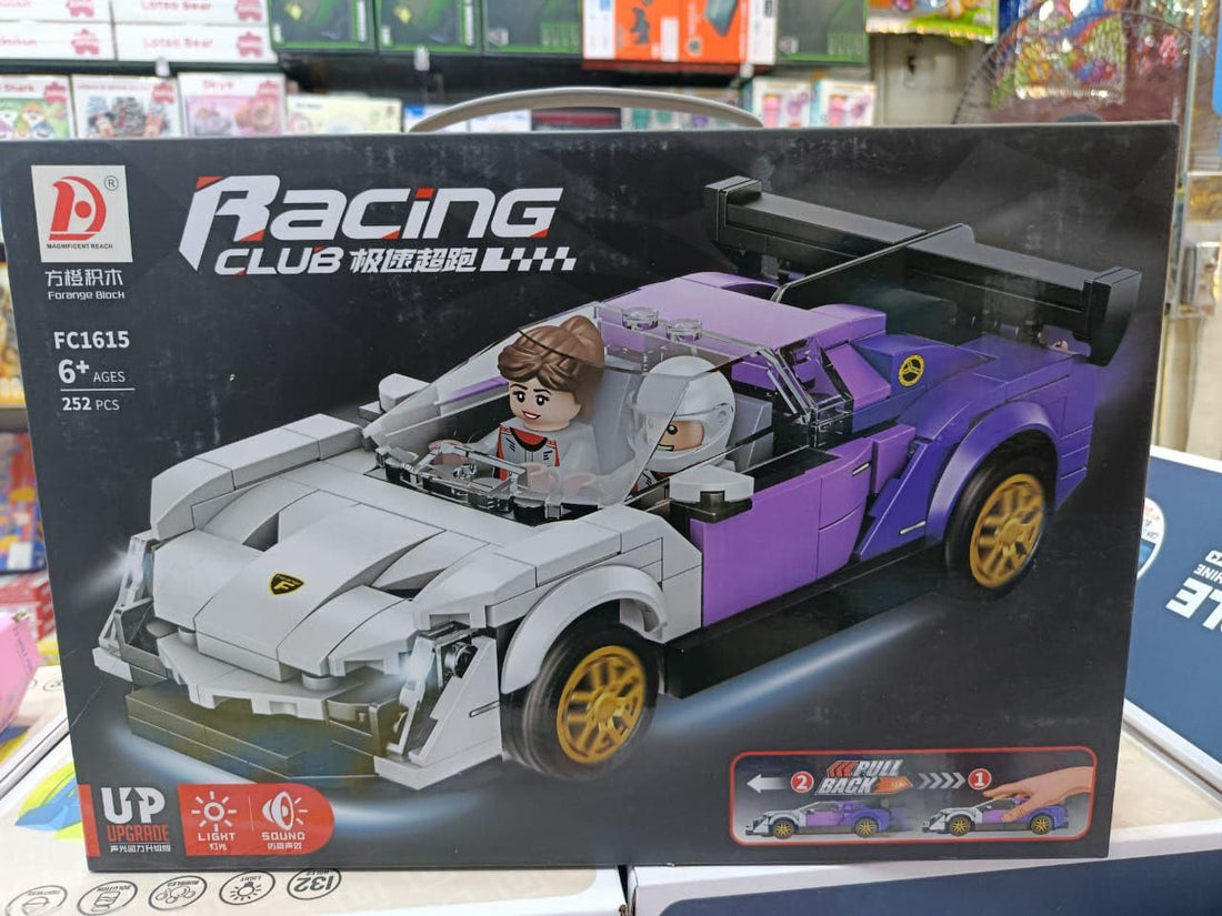 Racing Club Building Block Car Set, Purple and Grey Sports Vehicle, 252 Pieces, with Light and Sound Features, Ages 6+, Model FC1615