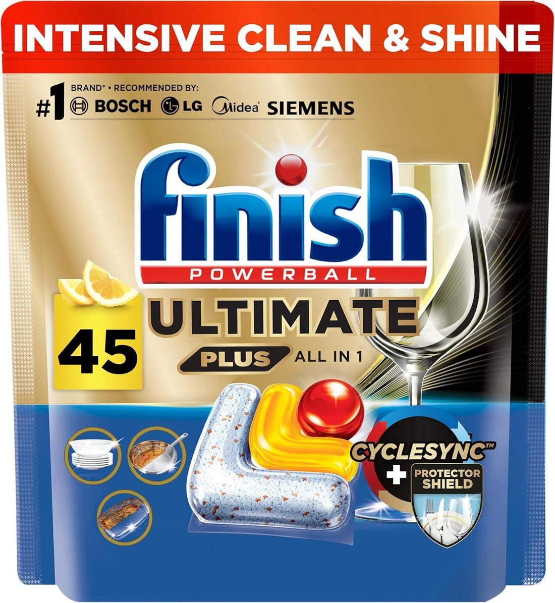 Finish Powerball Ultimate Plus Dishwasher Detergent - Lemon Fragrance Scent| 45 Tabs