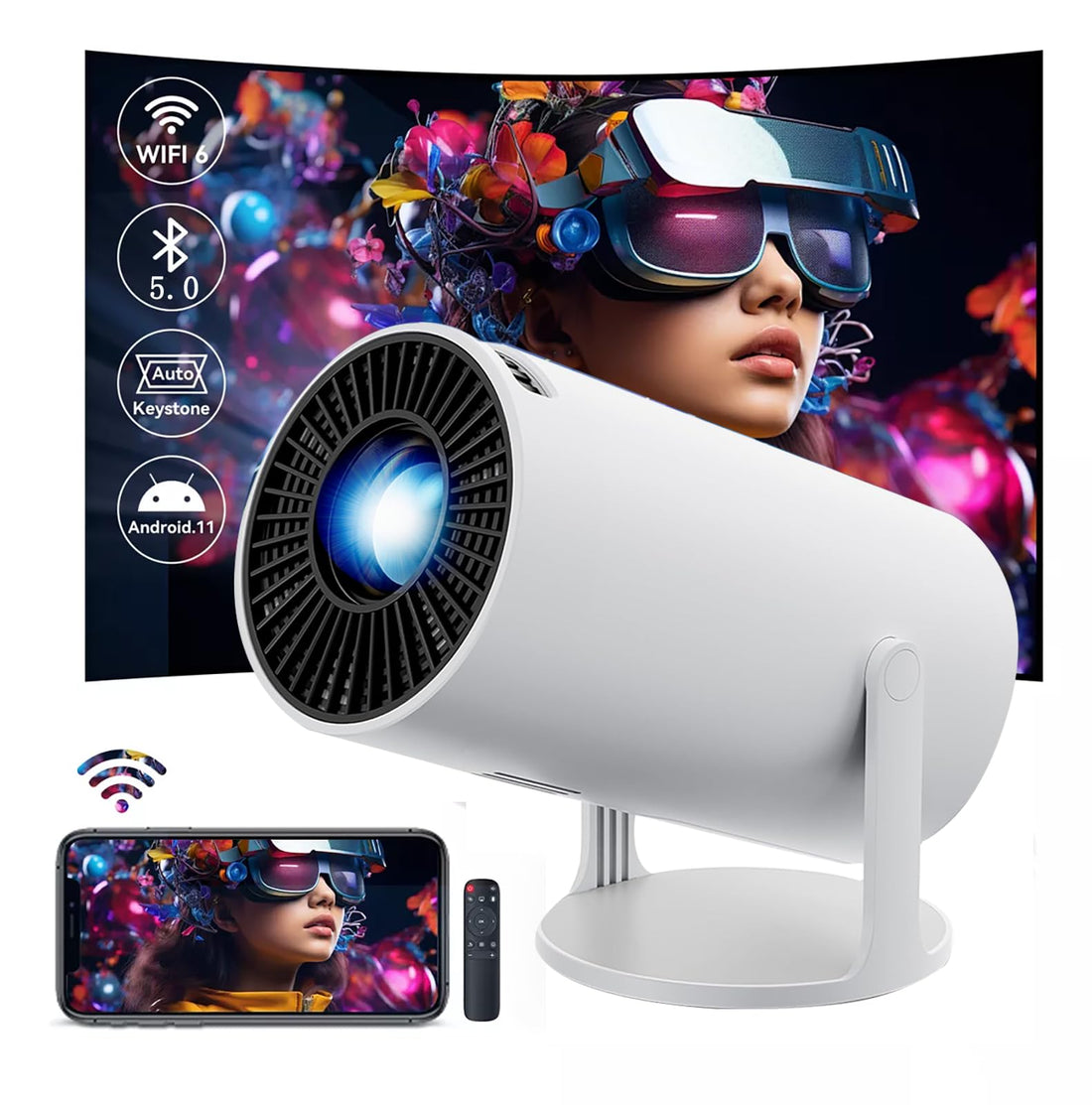 HY300 Mini Portable Projector with WIFI6 and Bluetooth, 4K 1080P Support, 180° Rotatable, 150'' Screen, Auto Keystone Compatible for Laptop, PC, Smartphone