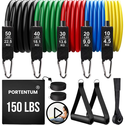Portentom Exercise Band with 5 Different Levels Up to 150 lbs (68 kg), Ideal for TRX or Home Gym, Multi-Coloured
