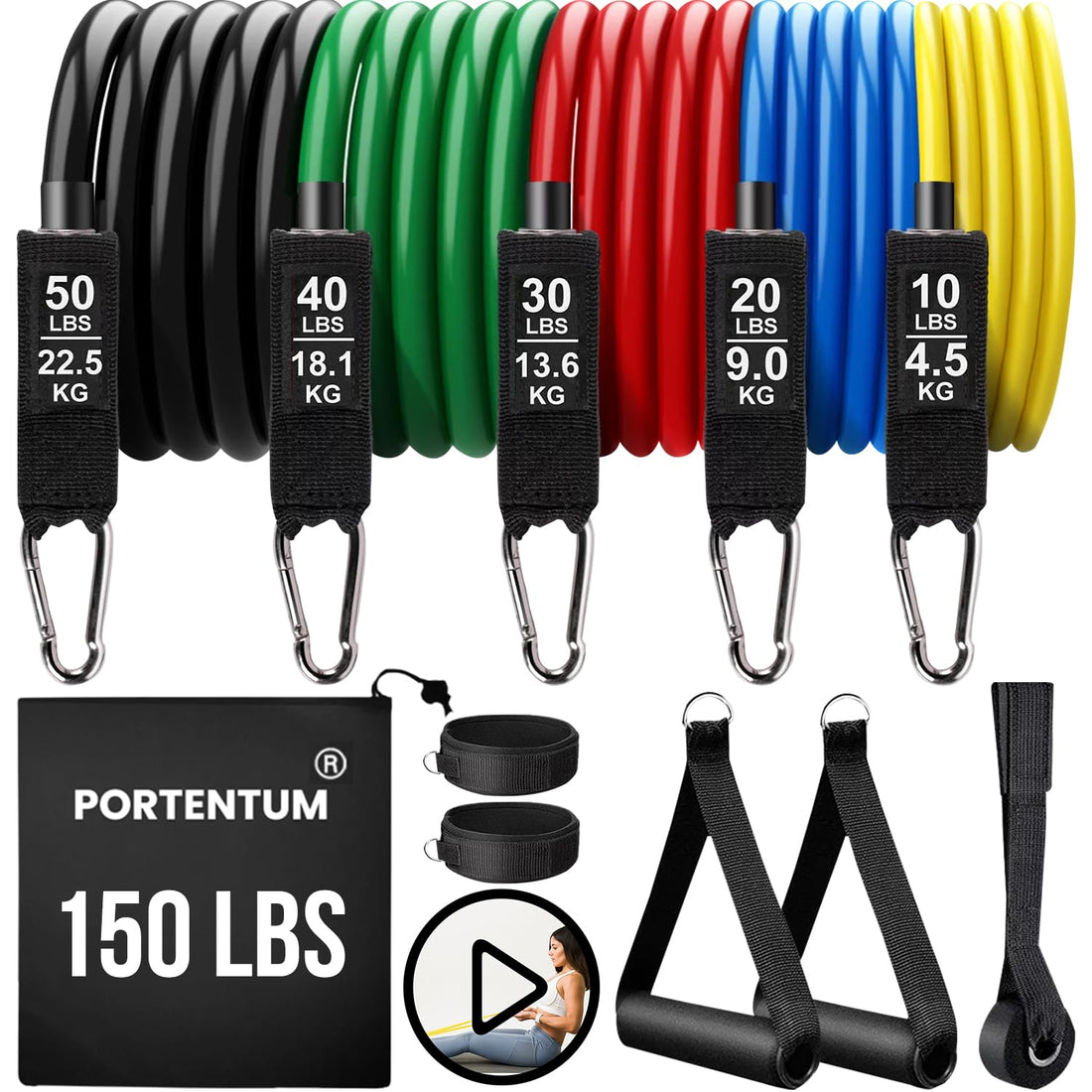 Portentom Exercise Band with 5 Different Levels Up to 150 lbs (68 kg), Ideal for TRX or Home Gym, Multi-Coloured