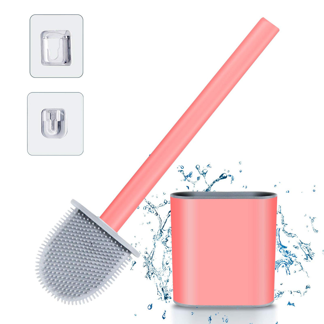 Silicone Toilet Brush with Holder - 36.5cm Deep Cleaner Toilet Brushes and Holders Quick Drying Kit with Hook, No-Slip Plastic Handle Set, Soft Bristles for Cleaning Gap Bathroom Hygienic Sets（Pink）