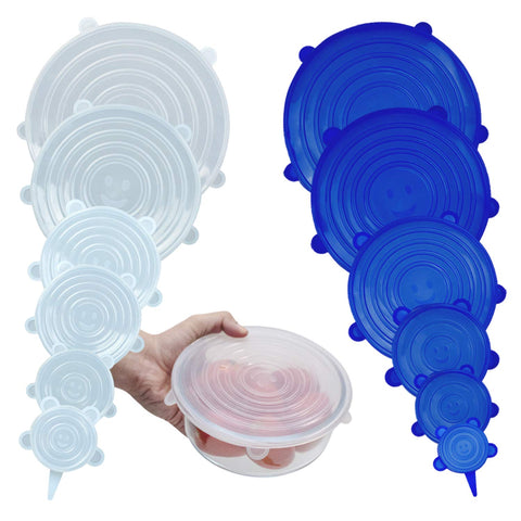 LAKEDO Silicone Stretch Lids Food Covers (12 Pack) – Reusable Miracle Stretchy Eco Lids Covers for Bowls & Cups, Microwave Can & Tin Cover Lids – Round Shaped, White & Blue Color, 6 Sizes, 6+6