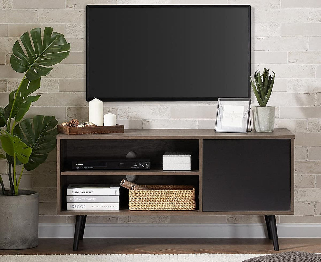 WAMPAT Mid-Century TV Stand for 32/43/50 Inch Flat Screen, Retro Wood Media Console Table for Living Room, Small Entertainment Center with Storage Shelves and Door for Apartment, Black&Brown, 43"