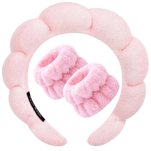 CORSULA 1Pcs Facial Spa Headband 2Pcs Wristband Combo Set, Pink Makeup Headband and Wrist Washband Set for Face Washing, Skincare, Shower, Makeup Removal