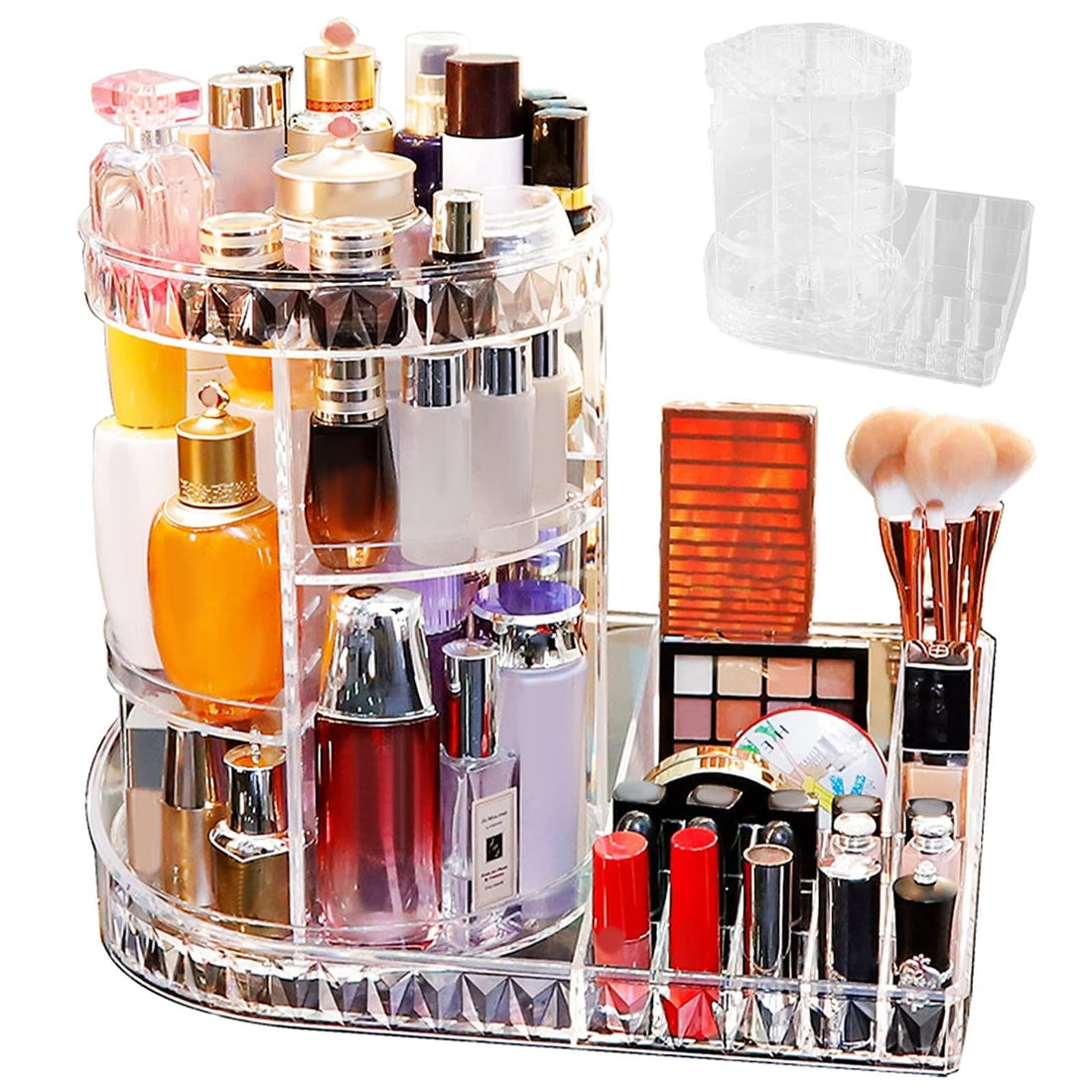 Organizer - Acrylic Makeup Storage with Three Rotating Shelves 360° for Cosmetics, Reusable Holder for Vanity and Bathroom, Multipurpose Skincare and Beauty Accessory