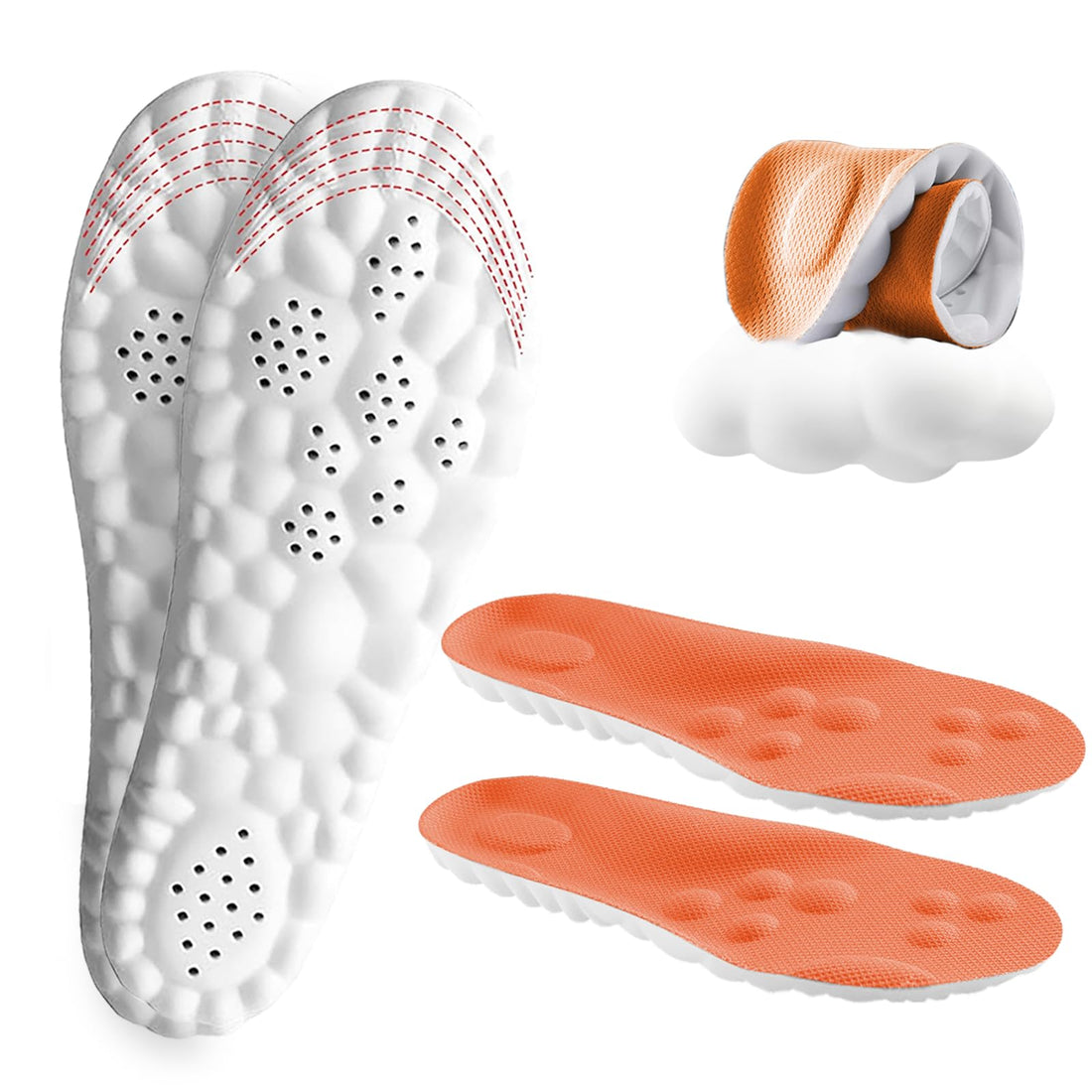 4D Cloud Soles for Men - with Arch Support to Relieve Foot Pain and Reduce Fatigue Soft Memory Foam Cushioning Cloud Insoles - Steppers Insoles (Orange, Men: UK 6-9.5)
