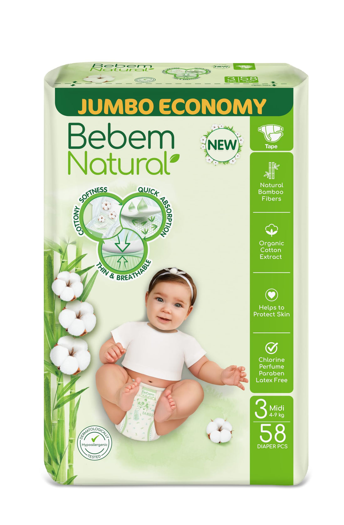 Bebem Natural Baby Diapers Open Diapers Size 2,3-6KG, Jumbo Pack, 58 Units, Organic Cotton & Bamboo Fibers