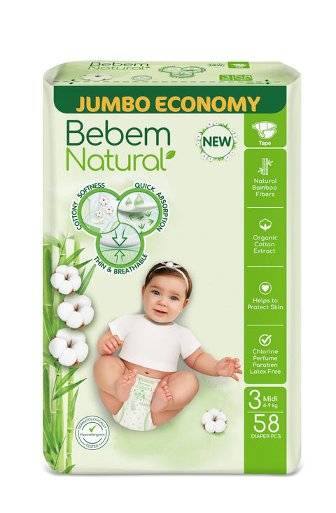 Bebem Natural Baby Diapers Open Diapers Size 2,3-6KG, Jumbo Pack, 58 Units, Organic Cotton & Bamboo Fibers