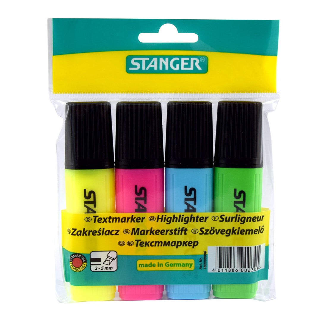 STANGER 180009000 Highlighter Set of POCKET4 PB, Yellow/Pink/Blue/Green