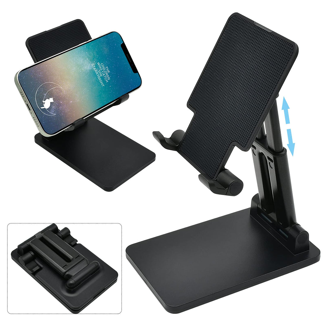 Foldable Phone Stand for Desk, AdplT Adjustable Angle Height Cell Phone Holder with Stable Anti-Slip Design, Universal Desktop Stand, for Smartphones Tablet Portable Monitor, Black