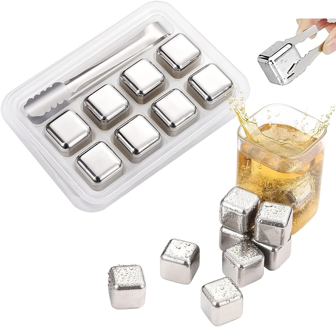 Stainless Steel Ice Cubes,8PCS Reusable Whiskey Stones Ice Stones Whisky Ice Cubes Stones with Ice Tongs & Tray, 304 Stainless Steel Chilling Rocks, Drinking Gifts Set for Men Dad Husband (Silver)