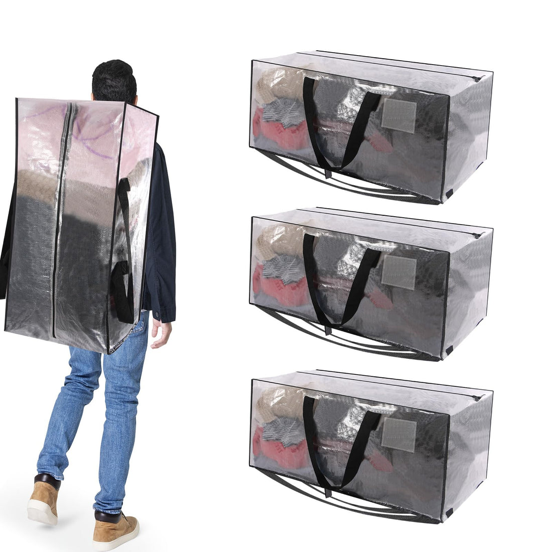 Moving Bags with Backpack Straps, Clear 4 Pack Extra Large Storage Tote Container with Sturdy Zipper and Strong Handles Moving Bag Supplies