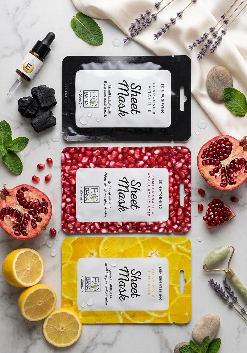 Charcoal & Vitamin E Face Sheet Mask, Pomegranate & Hyaluronic Acid, Collagen, Vitamin C, Avocado, Hydrating, Purifying & Brightening (3 Pack, Vitamin C, Collagen, Charcoal & Pomegranate)