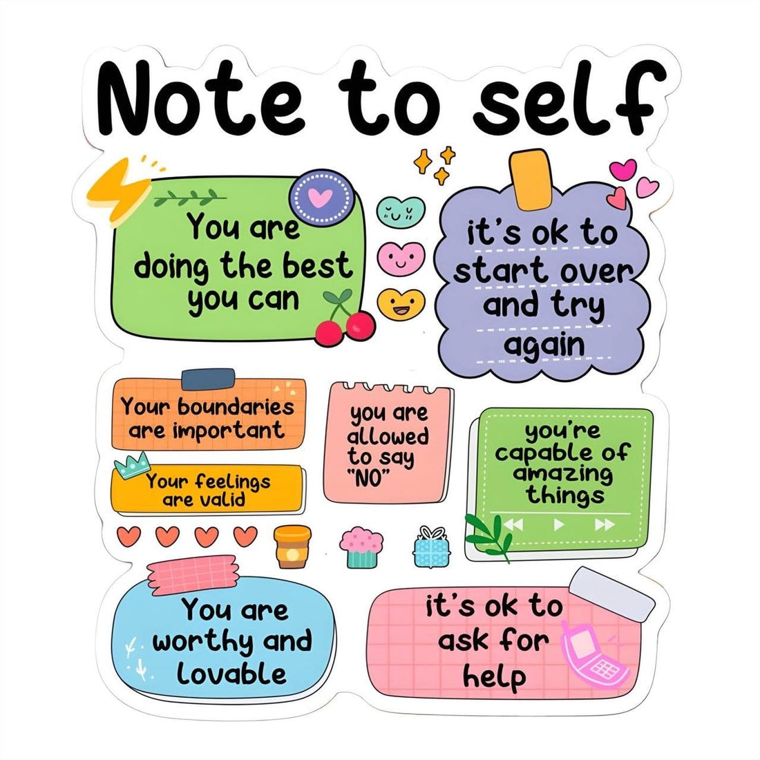 Positive Laptop Sticker – Note to Self Mental Health Reminder Design – Cute Motivational Sticker Set (2 Pieces)