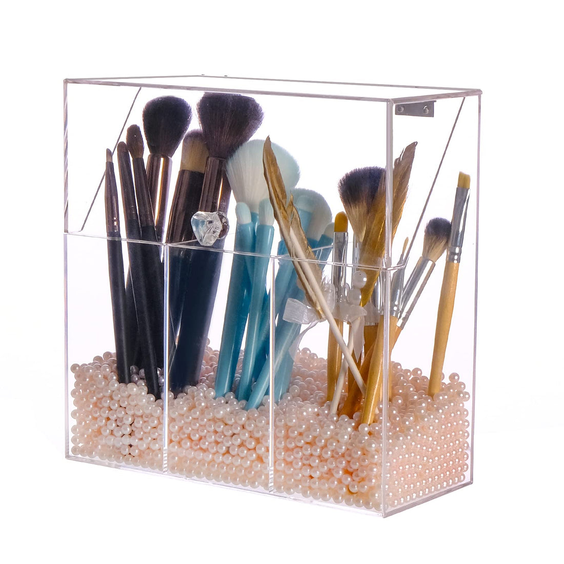 BEST MEDIA Acrylic Makeup Brush Holder with Lid, 3-Slot Organizer with Decorative Pink Pearls, Clear Protective Storage for Vanity or Bathroom, Heavy-Duty Cosmetics Stand, Elegant Organizer, Clear