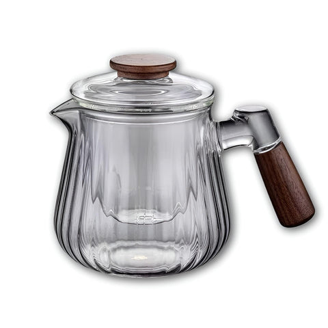 Filter Teapot - Premium Borosilicate Glass with Wooden Grip, Striped Pattern Aesthetic Design, Ideal for Blooming Flower Tea and Fruit Infusions, Leak Proof Lid, Stylish Addition to Any Coffee Shop