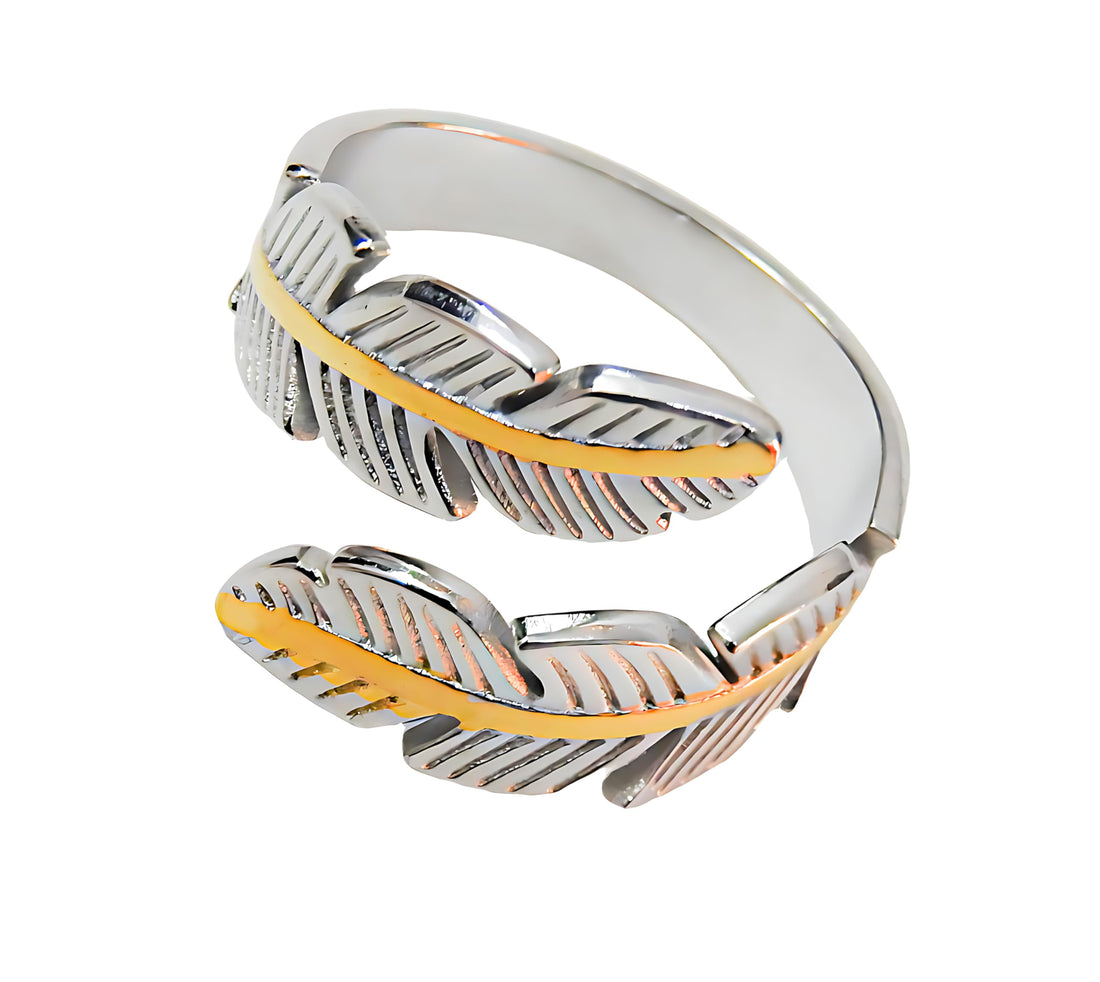 Ring Two Tone Feather And Style Gift For Women Fashion Day Wife Lover Family Member Good Sister Girlfriend Stainless Steel 18K gold Plated - Opening Adjustable
