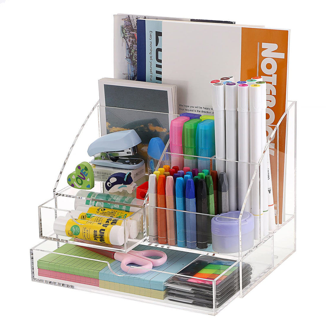 JuxYes Acrylic Desk Organizer - Clear Plastic All in One Office Supplies Organizer with 2 Drawers and 7 Compartments