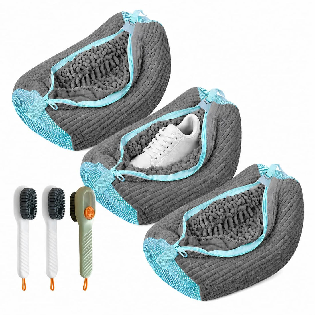 Perfect Deal 6 in 1 Shoe Wash Bags for 360° Deep Clean Shoe Washing Machine Scratch Protection Reusable - Hidden Zipper Fits All Sizes (3 Grey Bags + 3 Clothes & Shoes Cleaning Brush)