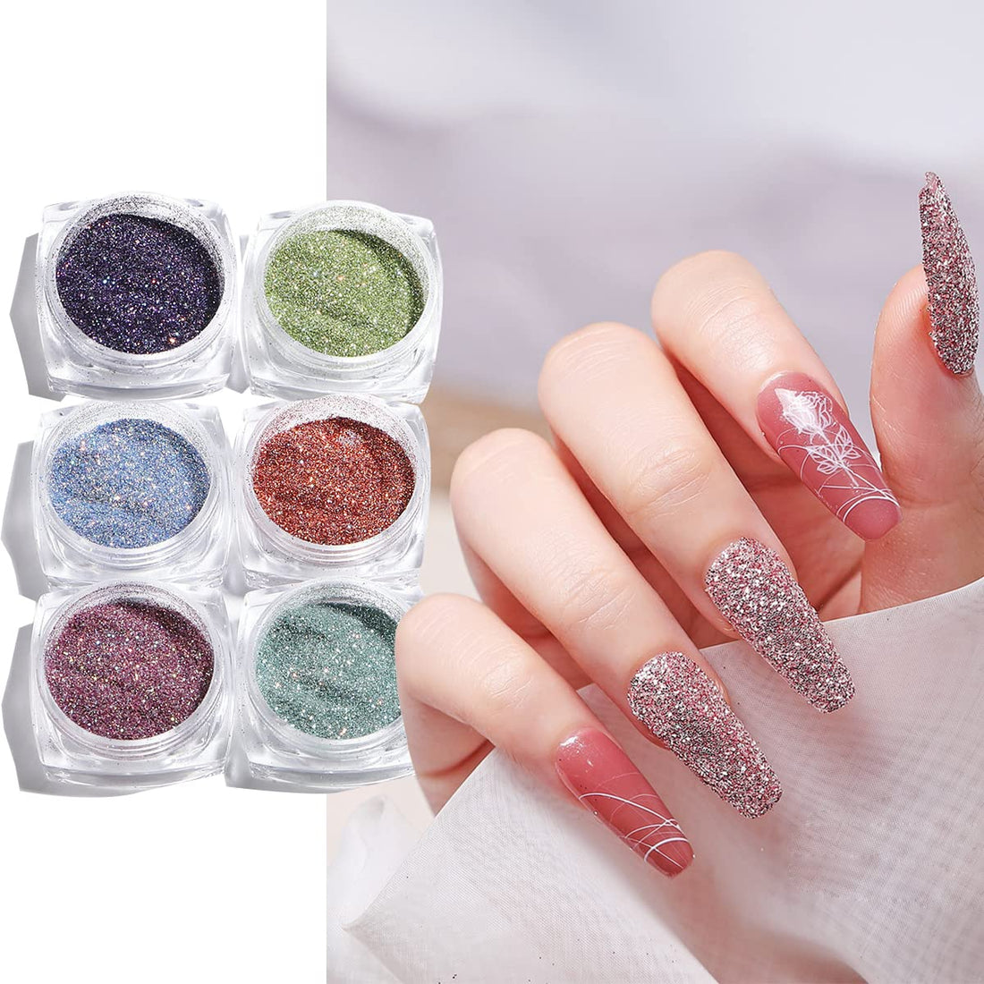 6 Color Nail Glitter Powder Dust Sugar Powder, Superfine French Nail Sugar Glitter Iridescent Candy Coat Nails Sweater Design Manicure Decorations DIY Crafts